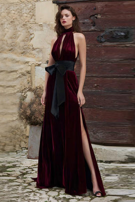 Burgundy Velvet High Neck Long Holiday Party Dress with Keyhole