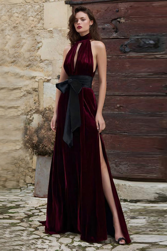 Burgundy Velvet High Neck Long Holiday Party Dress with Keyhole