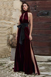 Burgundy Velvet High Neck Long Holiday Party Dress with Keyhole