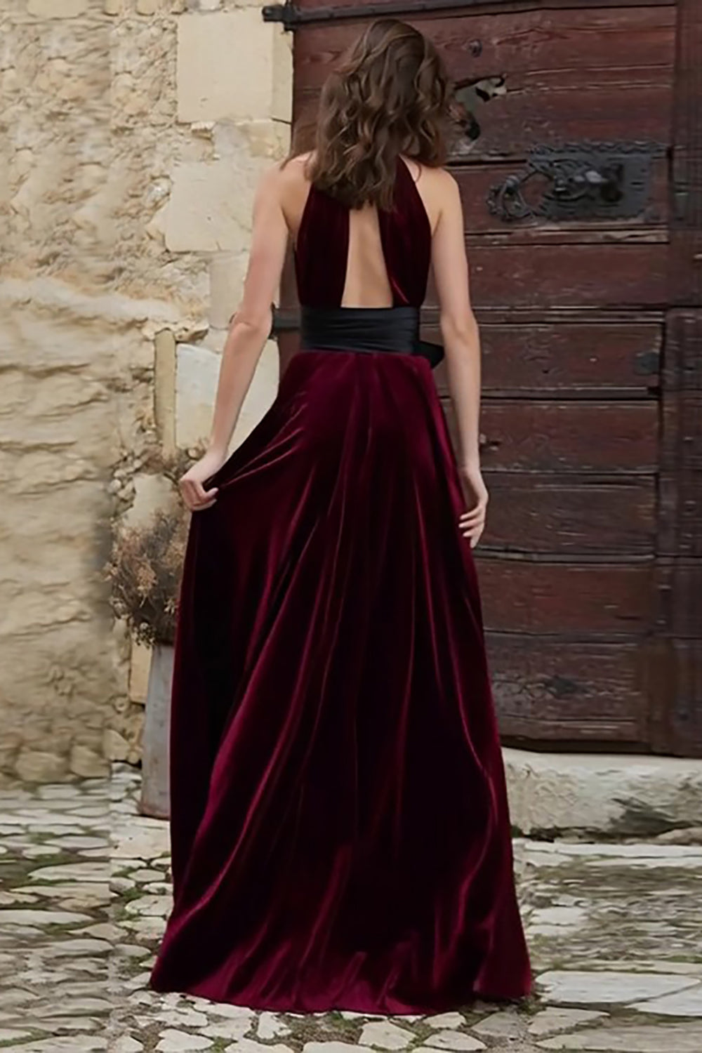 Burgundy Velvet High Neck Long Holiday Party Dress with Keyhole