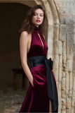 Burgundy Velvet High Neck Long Holiday Party Dress with Keyhole