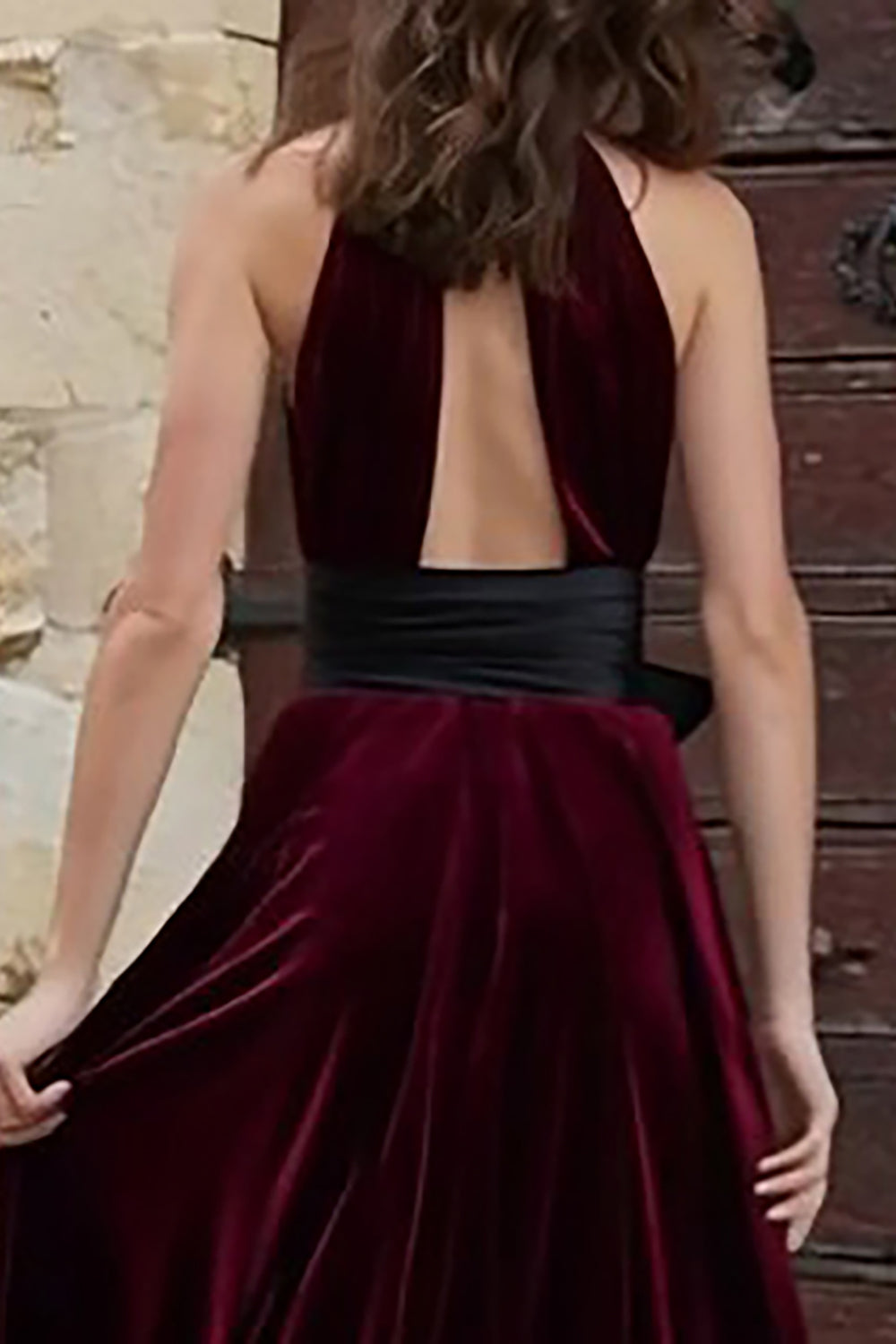Burgundy Velvet High Neck Long Holiday Party Dress with Keyhole