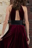 Burgundy Velvet High Neck Long Holiday Party Dress with Keyhole