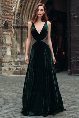 Sparkly Dark Green Beaded Velvet Long Holiday Party Dress