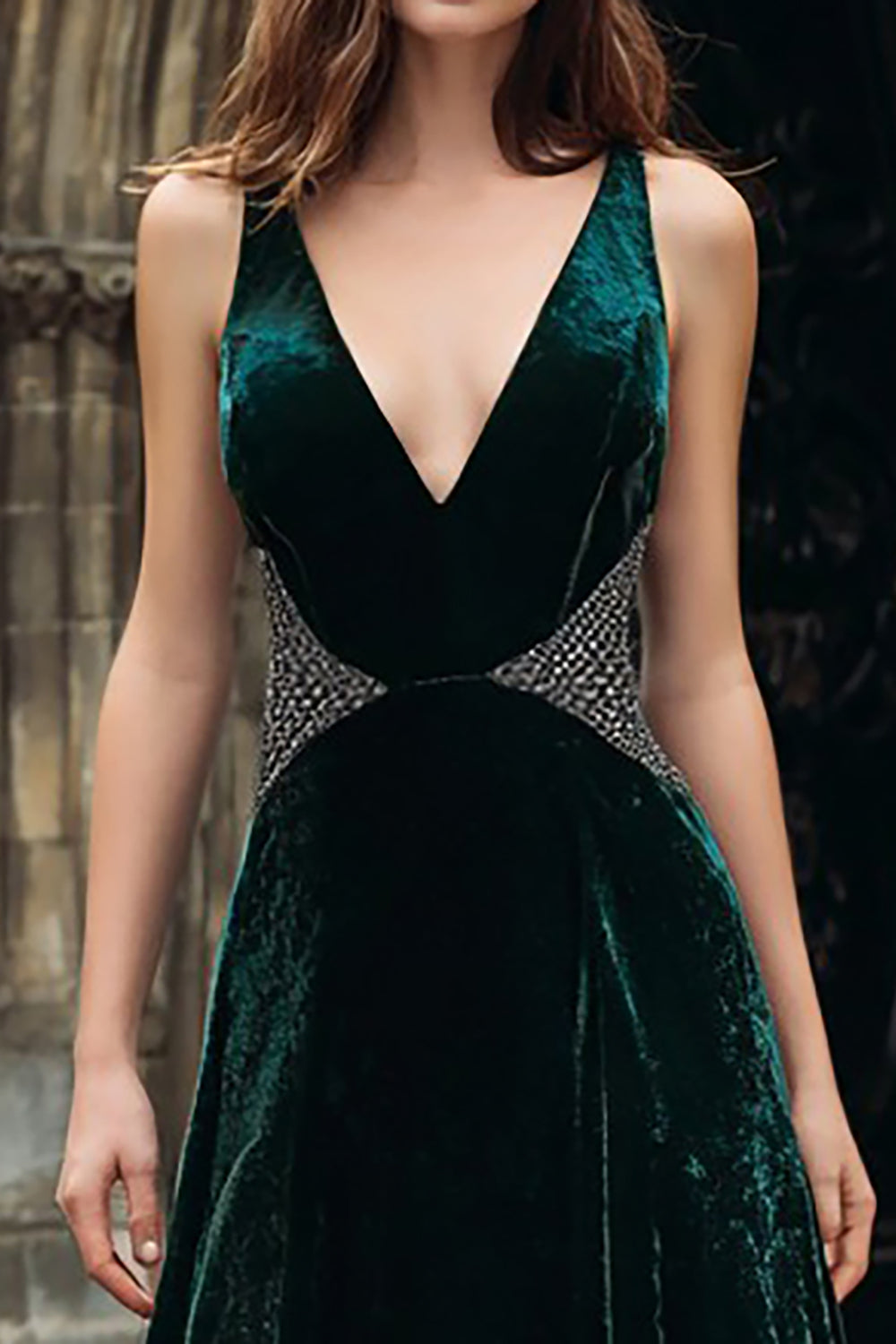 Sparkly Dark Green Beaded Velvet Long Holiday Party Dress