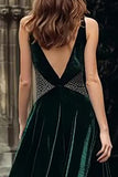 Sparkly Dark Green Beaded Velvet Long Holiday Party Dress