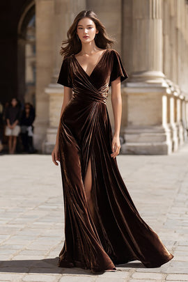 Brown Velvet V Neck Long Holiday Party Dress with Slit