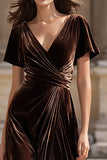 Brown Velvet V Neck Long Holiday Party Dress with Slit
