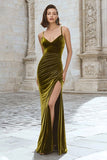 Olive Velvet Mermaid Long Holiday Party Dress with Slit
