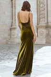 Olive Velvet Mermaid Long Holiday Party Dress with Slit