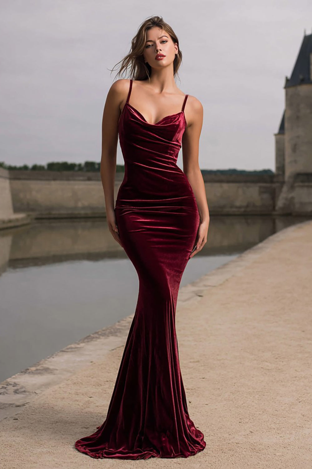 Zapakasa Women Burgundy Velvet Mermaid Long Holiday Party Dress