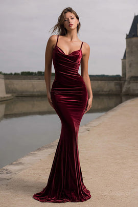 Burgundy Velvet Spaghetti Straps Mermaid Long Holiday Party Dress