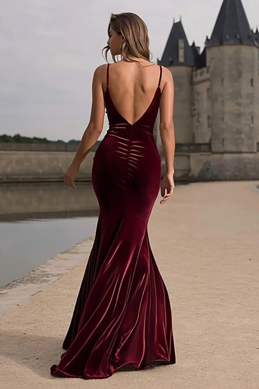 Burgundy Velvet Spaghetti Straps Mermaid Long Holiday Party Dress