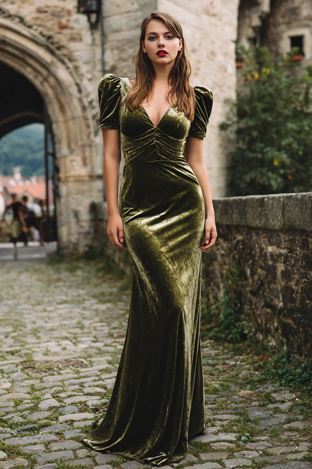 Olive Velvet Mermaid Long Holiday Party Dress with Sleeves
