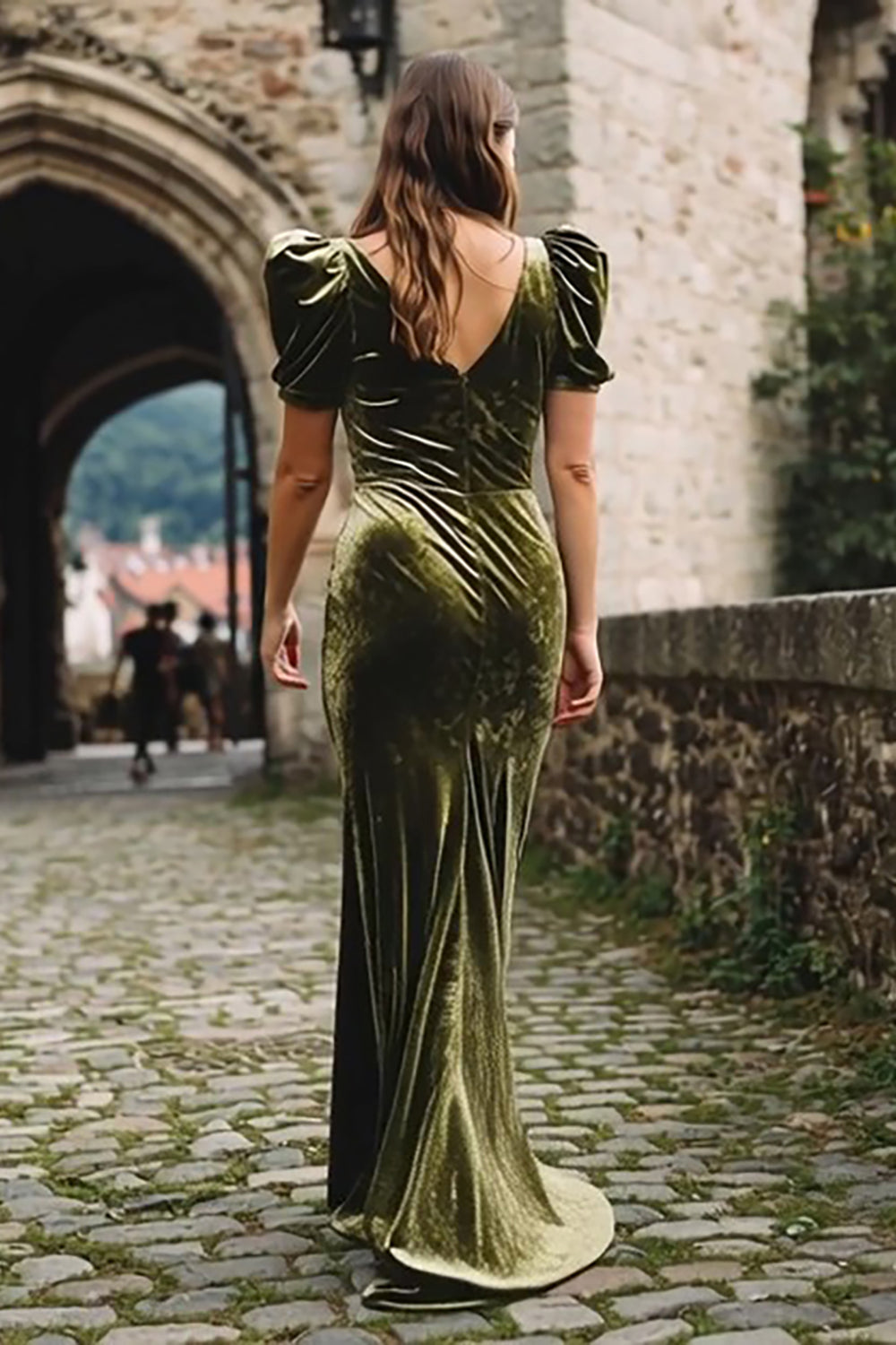 Olive Velvet Mermaid Long Holiday Party Dress with Sleeves