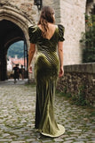 Olive Velvet Mermaid Long Holiday Party Dress with Sleeves