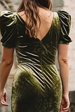 Olive Velvet Mermaid Long Holiday Party Dress with Sleeves