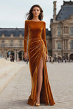 Caramel Velvet Sheath Long Holiday Party Dress with Slit