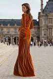Caramel Velvet Sheath Long Holiday Party Dress with Slit