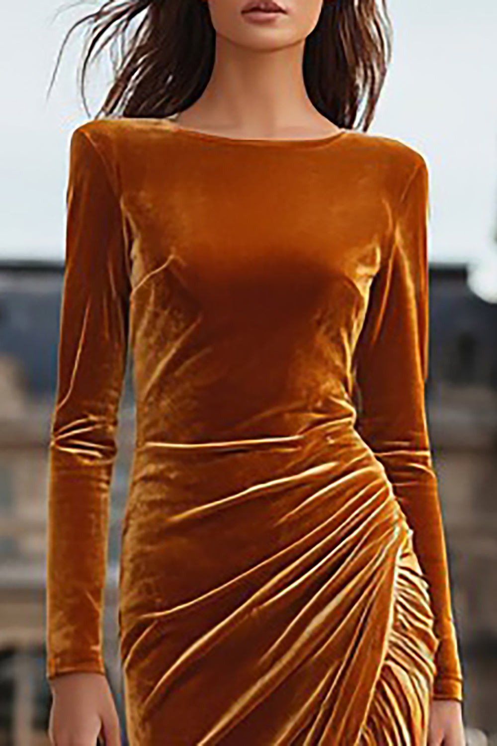 Caramel Velvet Sheath Long Holiday Party Dress with Slit