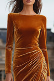 Caramel Velvet Sheath Long Holiday Party Dress with Slit