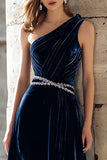 Sparkly Navy Velvet Beaded A Line Long Holiday Party Dress