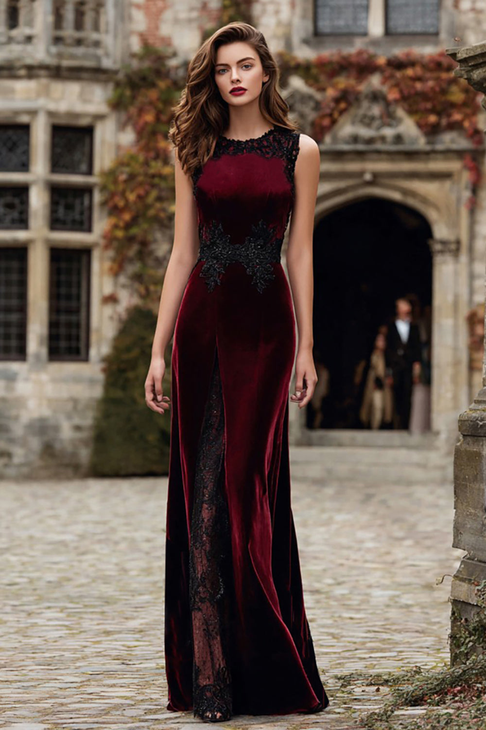 burgundy velvet lace dress Mermaid Round Neck Long Formal with Red velvet maxi dress