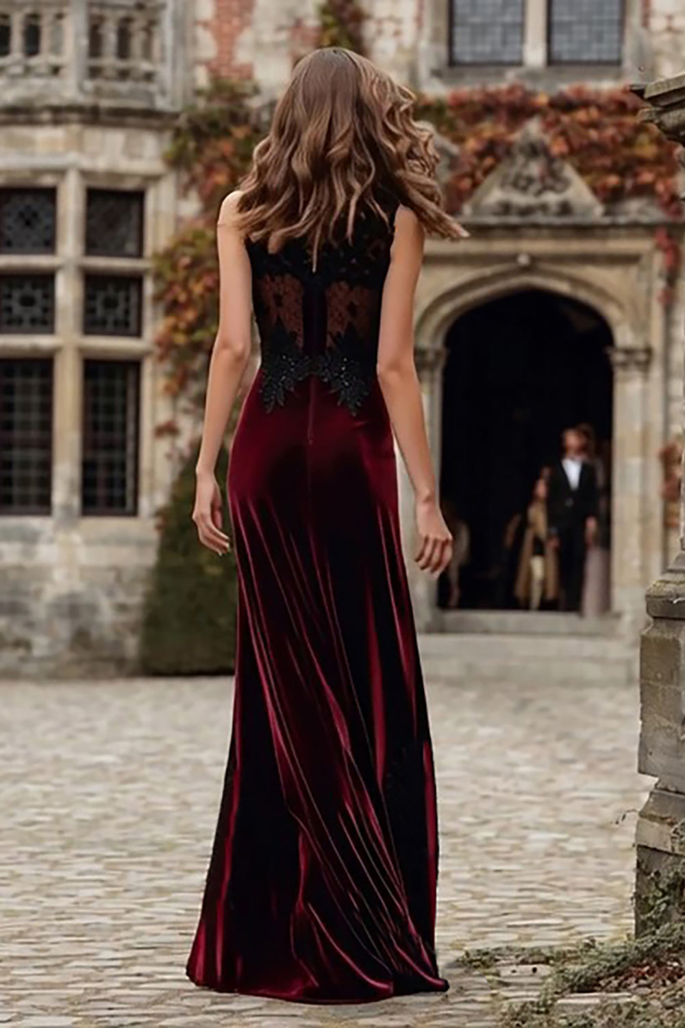 Burgundy Velvet Round Neck Mermaid Long Holiday Party Dress with Lace
