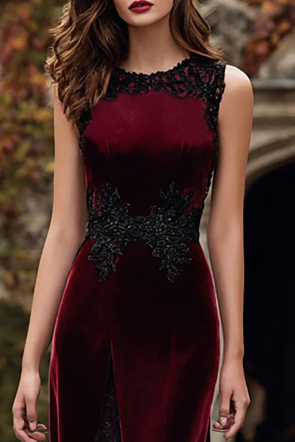 Burgundy Velvet Round Neck Mermaid Long Holiday Party Dress with Lace