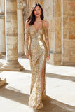Sparkly Gold Cold Shoulder Mermaid Long Prom Dress with Slit