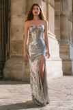Sparkly Silver Strapless Mermaid Long Prom Dress with Keyhole