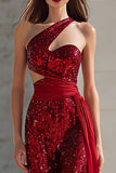 Sparkly Red Cut Out Mermaid Long Prom Dress with Side Cape