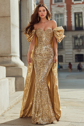 Sparkly Gold Sequin Off the Shoulder Mermaid Long Prom Dress with Cape