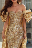 Sparkly Gold Sequin Off the Shoulder Mermaid Long Prom Dress with Cape
