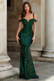 Sparkly Dark Green Cold Shoulder Mermaid Long Prom Dress