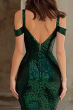 Sparkly Dark Green Cold Shoulder Mermaid Long Prom Dress