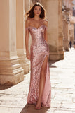 Sparkly Pink Off the Shoulder Mermaid Long Prom Dress with Slit