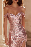 Sparkly Pink Off the Shoulder Mermaid Long Prom Dress with Slit