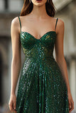 Sparkly Dark Green Spaghetti Straps Long Prom Dress
