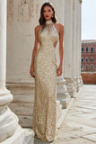 Sparkly Champagne High Neck Cut Out Mermaid Long Prom Dress