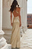 Sparkly Champagne High Neck Cut Out Mermaid Long Prom Dress