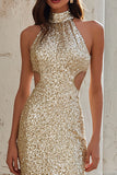 Sparkly Champagne High Neck Cut Out Mermaid Long Prom Dress