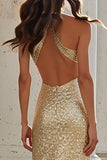 Sparkly Champagne High Neck Cut Out Mermaid Long Prom Dress