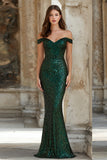 Sparkly Dark Green Off the Shoulder Mermaid Long Prom Dress