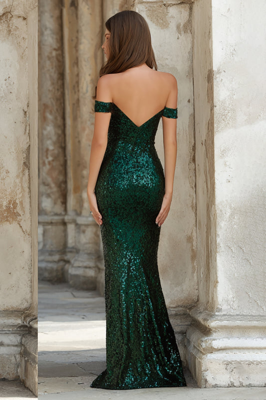 Sparkly Dark Green Off the Shoulder Mermaid Long Prom Dress