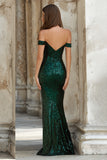 Sparkly Dark Green Off the Shoulder Mermaid Long Prom Dress