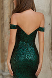 Sparkly Dark Green Off the Shoulder Mermaid Long Prom Dress