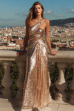 Sparkly Gold One Shoulder Sequin Mermaid Long Prom Dress