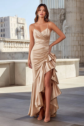 Champagne Spaghetti Straps Ruffled Mermaid Long Prom Dress with Slit