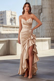 Champagne Spaghetti Straps Ruffled Mermaid Long Prom Dress with Slit